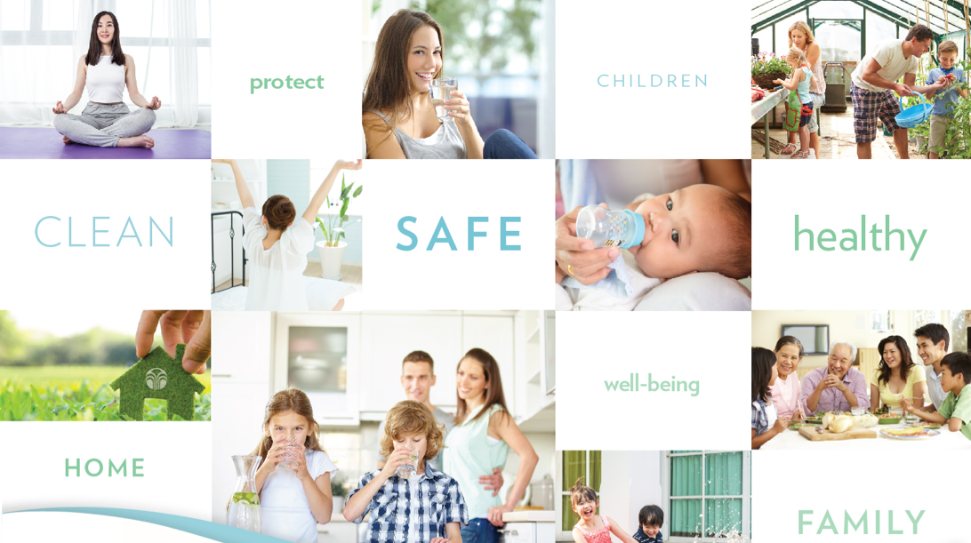 Collage of healthy families drinking and utilizing clean water for a healthier lifestyle.